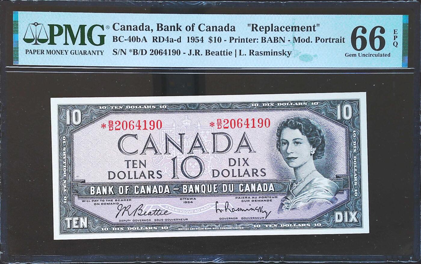 世界靓号纸钞第八十一期 1954年加拿大10元 稀少补号 PMG66