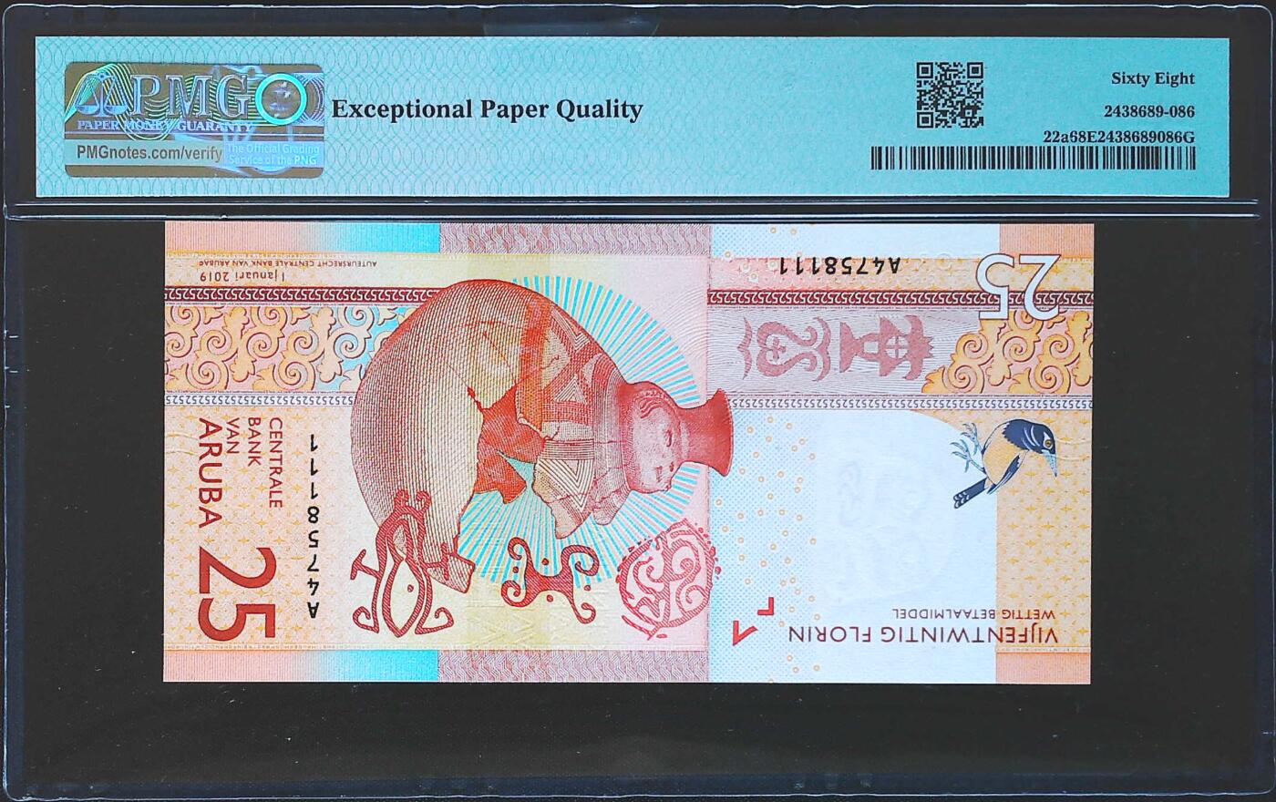 世界靓号纸钞第八十一期 2019年阿鲁巴25弗洛林 首发A冠 豹子号111 PMG68