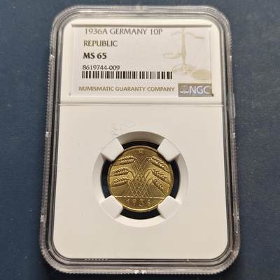 【全场包邮】纯粹捡漏拍495场-持续更新中 - 德国魏玛共和国1936年10芬妮-NGC MS65