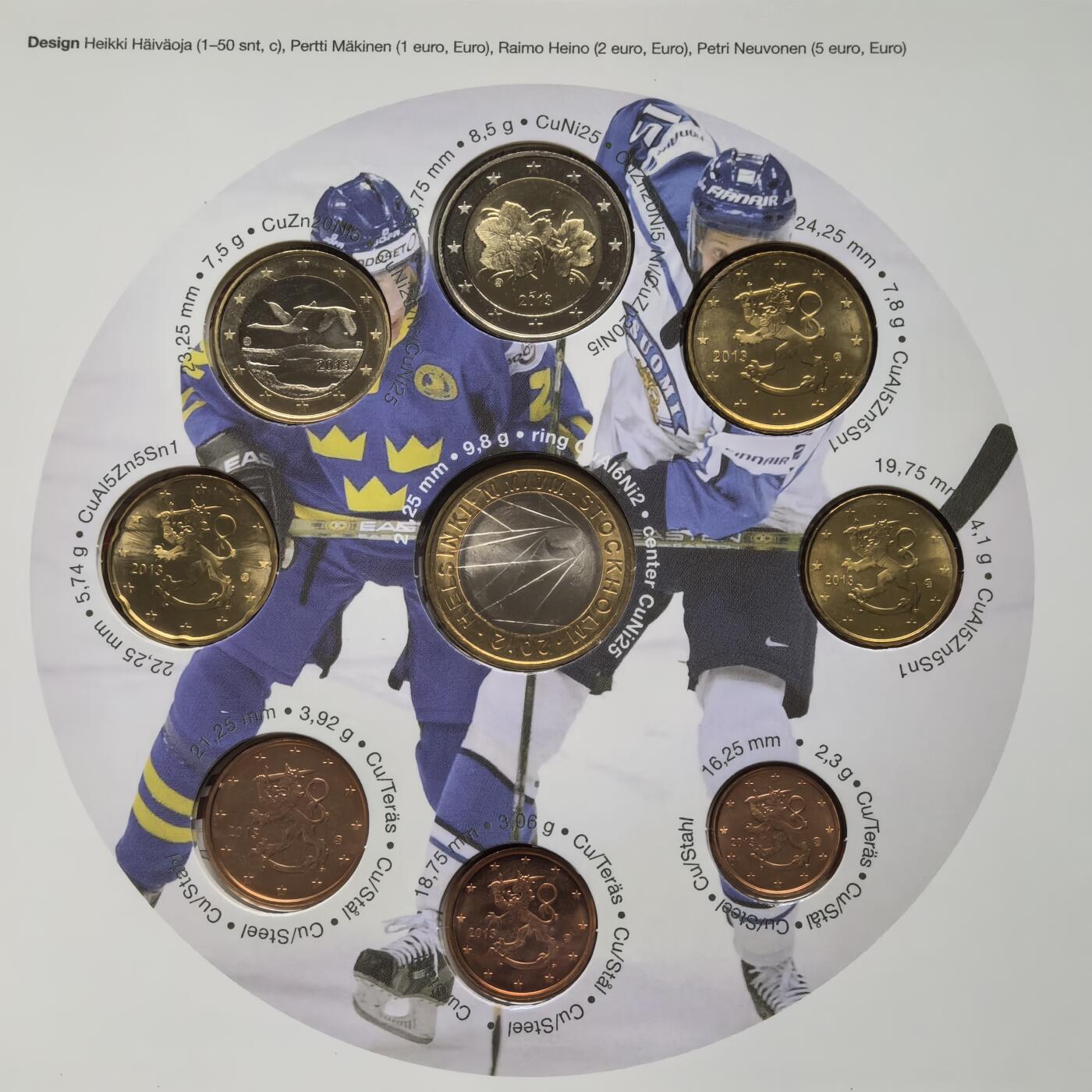 道一币馆币章第一百六十二场 原包装 芬兰2013年冰球世锦赛欧元套装九枚 含5欧元纪念币