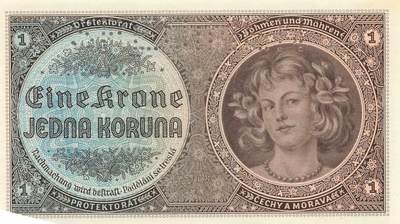 小福收藏拍卖第199期 裸钞场 本期有多张豹子号靓号 瑞士1000法郎 经典提香 毛里求斯首发年大全套 白俄罗斯5000000卢布 苏里南10000盾  爱沙尼亚  苏丹 西班牙 保加利亚 古巴等多国精美纸币 - 波西米亚和摩拉维亚 1940年 1克朗 样钞 unc