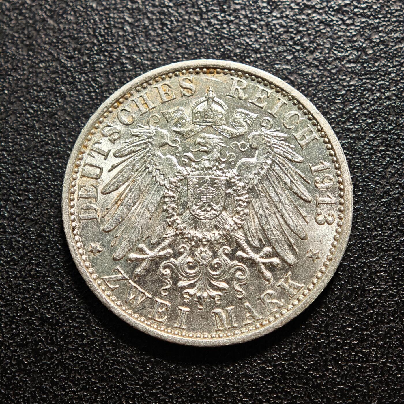 【德藏】世界币章拍卖第162期（拍品征集中~欢迎藏友联系） 1913年 德国普鲁士威廉二世军装2马克银币 直径约：28mm；重约：11.1g