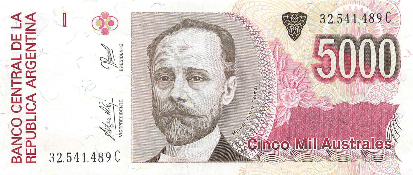 小福收藏拍卖第199期 裸钞场 本期有多张豹子号靓号 瑞士1000法郎 经典提香 毛里求斯首发年大全套 白俄罗斯5000000卢布 苏里南10000盾  爱沙尼亚  苏丹 西班牙 保加利亚 古巴等多国精美纸币 阿根廷 1989-1991年 5000奥斯特 unc