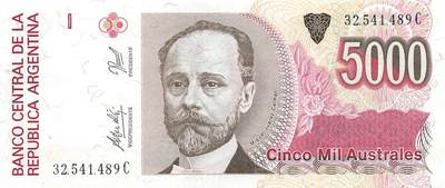 小福收藏拍卖第199期 裸钞场 本期有多张豹子号靓号 瑞士1000法郎 经典提香 毛里求斯首发年大全套 白俄罗斯5000000卢布 苏里南10000盾  爱沙尼亚  苏丹 西班牙 保加利亚 古巴等多国精美纸币 - 阿根廷 1989-1991年 5000奥斯特 unc