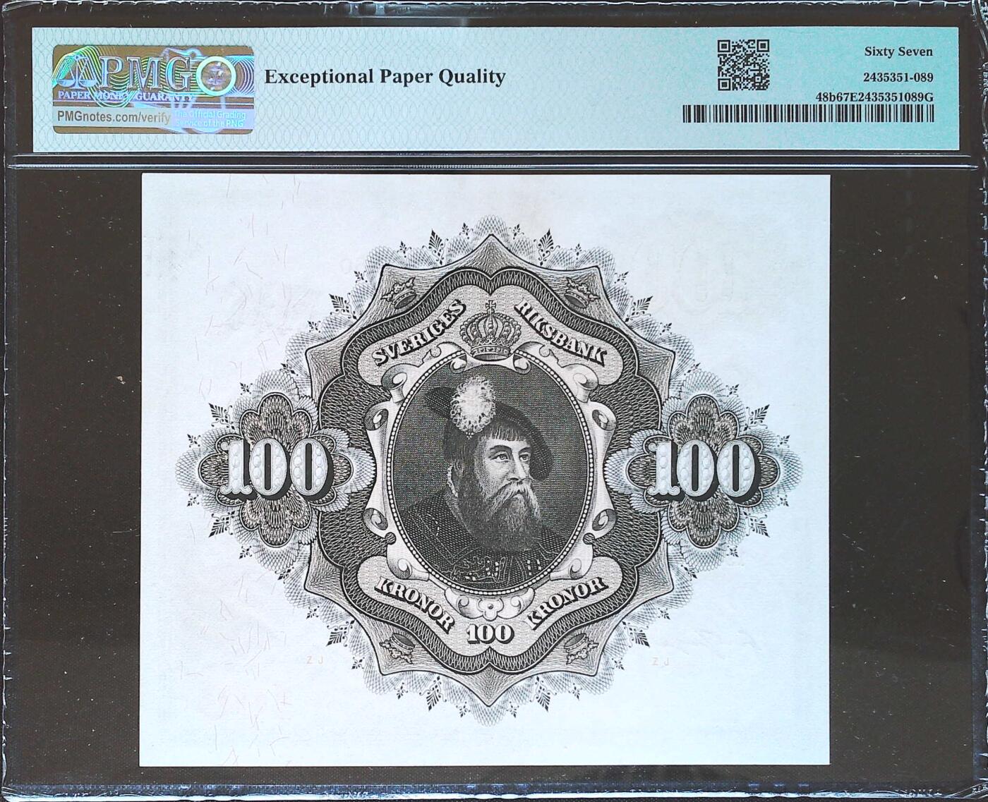 世界靓号纸钞第八十一期 1960年瑞典100克朗 超大票 方块钞 全程无47 PMG67 唯一冠军分