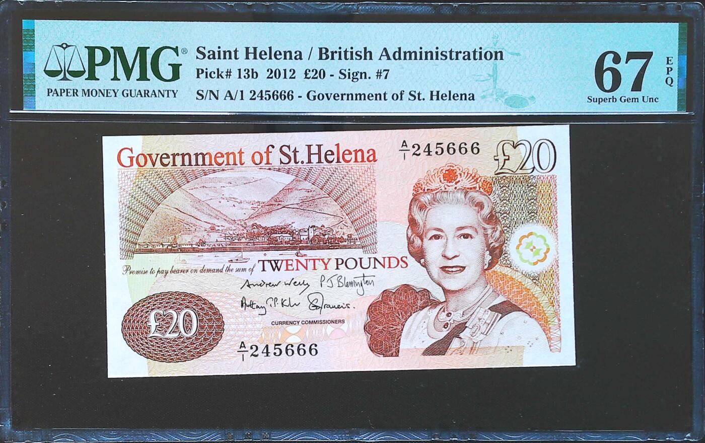 世界靓号纸钞第八十一期 2012年圣赫勒拿20镑 最大面值 首发A1冠 豹子号666 PMG67 新版即将发行查尔斯新版 老版女王也将成为历史 