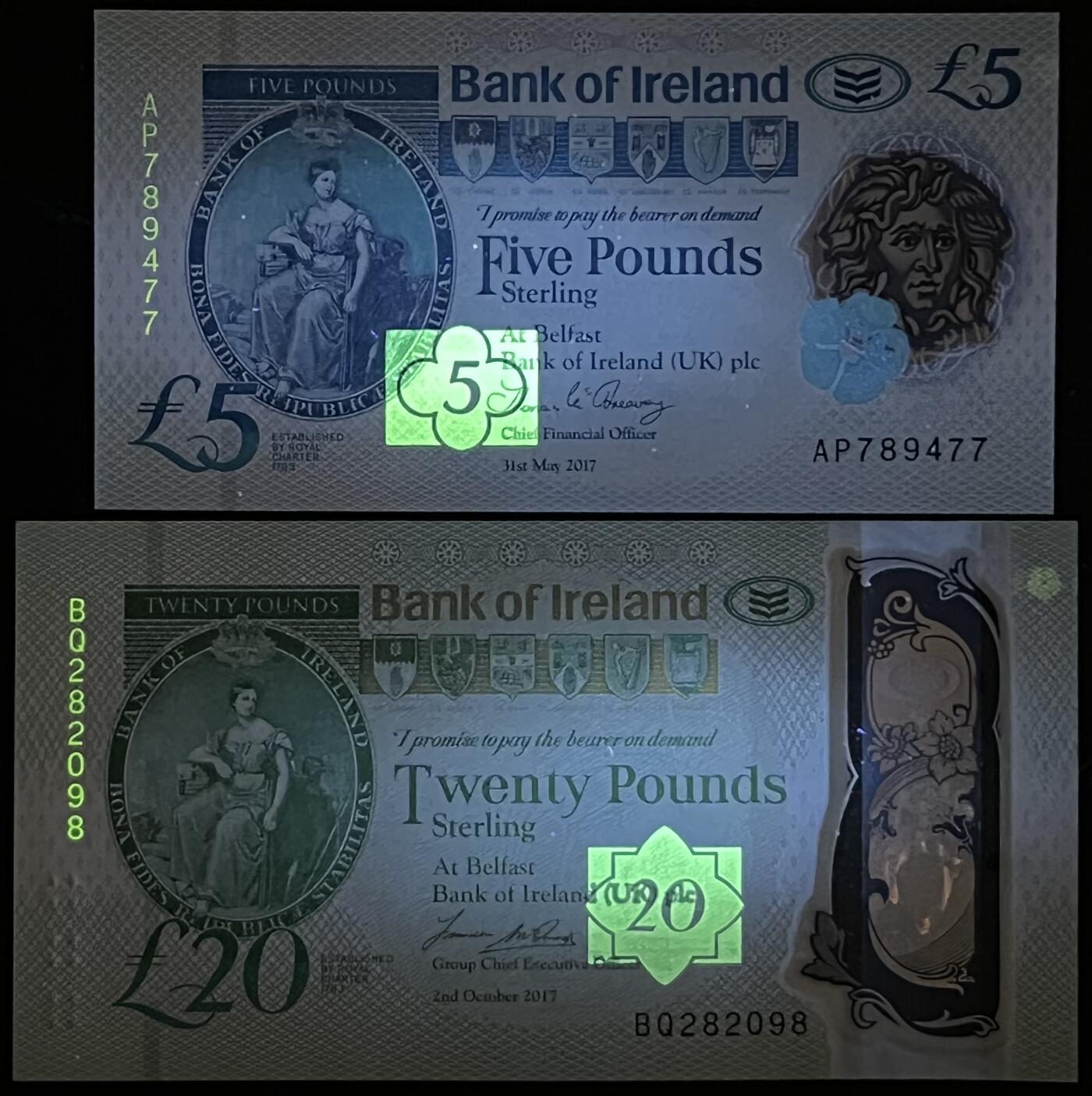 小福收藏拍卖第199期 裸钞场 本期有多张豹子号靓号 瑞士1000法郎 经典提香 毛里求斯首发年大全套 白俄罗斯5000000卢布 苏里南10000盾  爱沙尼亚  苏丹 西班牙 保加利亚 古巴等多国精美纸币 北爱尔兰 爱尔兰银行 2017年 5镑 双尾+20镑 无47 尾8 塑料钞 1组2张 unc