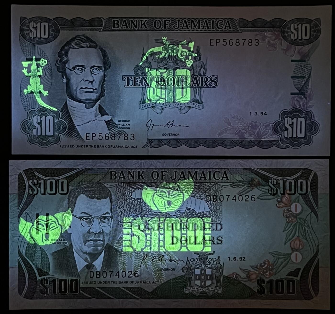 小福收藏拍卖第199期 裸钞场 本期有多张豹子号靓号 瑞士1000法郎 经典提香 毛里求斯首发年大全套 白俄罗斯5000000卢布 苏里南10000盾  爱沙尼亚  苏丹 西班牙 保加利亚 古巴等多国精美纸币 牙买加 1994年 10元+1992年 100元 1组2张 unc