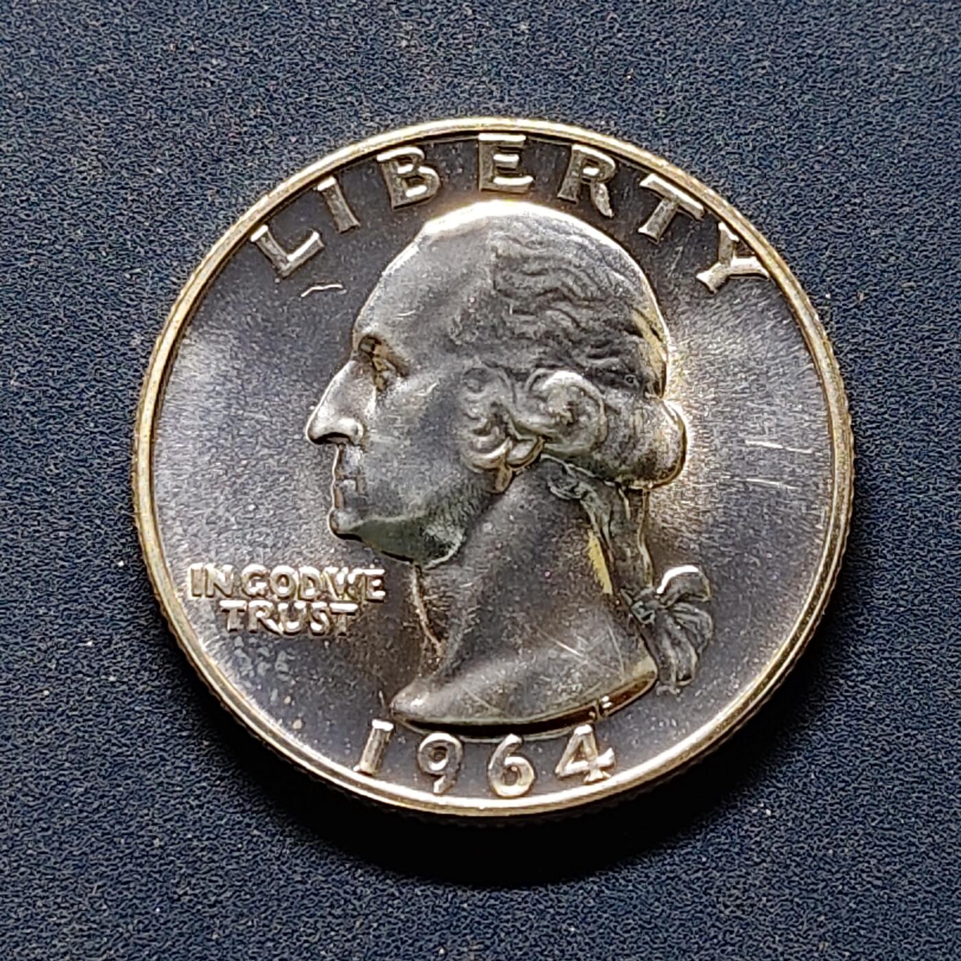 【全场包邮】纯粹捡漏拍494场 美国1964年华盛顿25分精制银币【24.3毫米6.25克，纯银价约112元（按20元银价折算）】