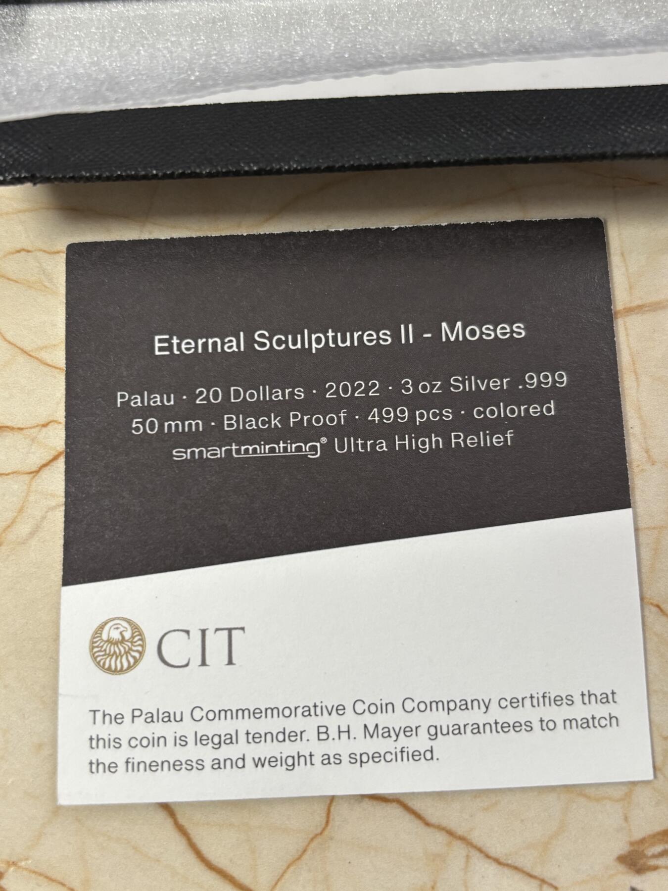 第188期拍卖 帕劳2022年永恒的雕塑系列《梅瑟》3盎司纪念银币，499银，发行量999枚