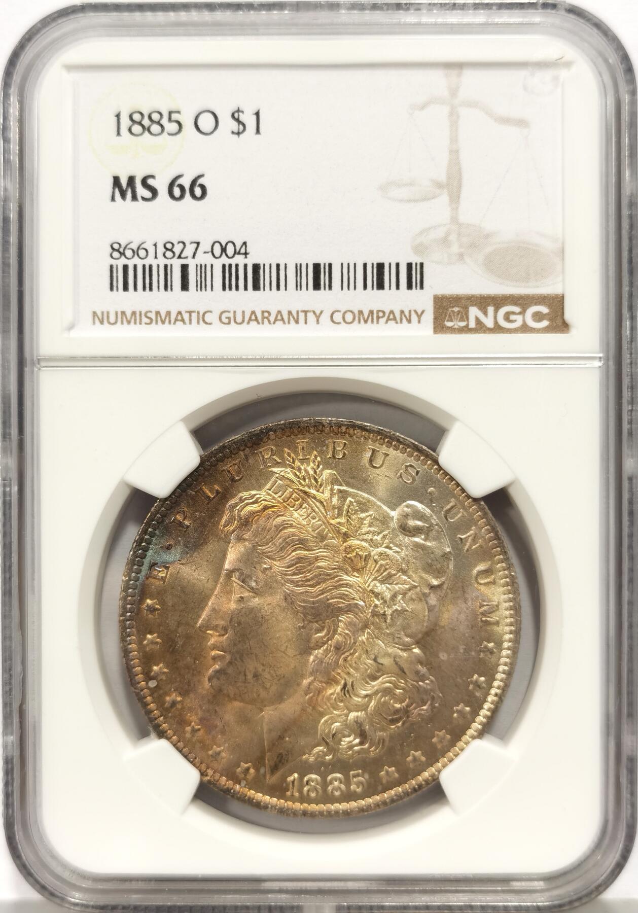 博洋堂世界钱币拍卖第157期（全场包邮） NGC MS66 美国1885 O 摩根 双面五彩包浆