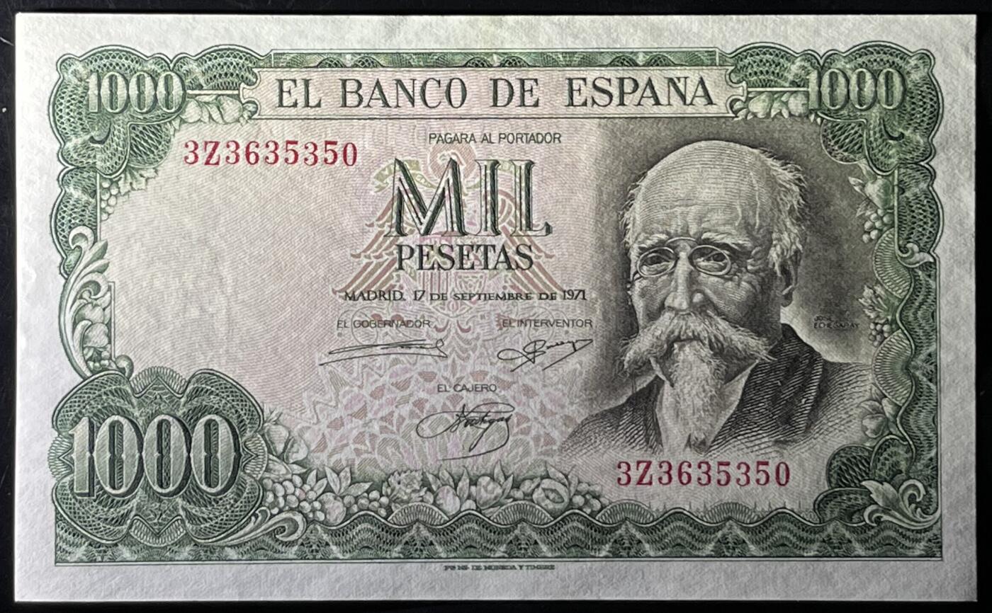 小福收藏拍卖第199期 裸钞场 本期有多张豹子号靓号 瑞士1000法郎 经典提香 毛里求斯首发年大全套 白俄罗斯5000000卢布 苏里南10000盾  爱沙尼亚  苏丹 西班牙 保加利亚 古巴等多国精美纸币 西班牙 1971年 1000比塞塔 无47 上边缘1处黄 unc