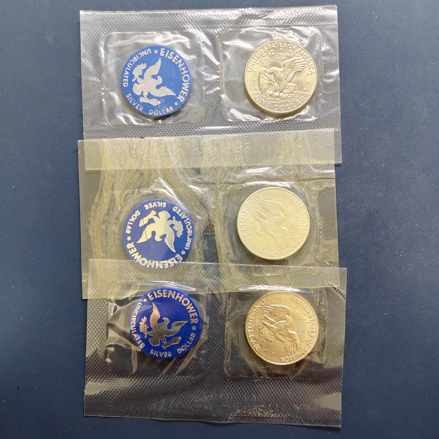 【全场包邮】纯粹捡漏拍495场-持续更新中 美国1971年1元官方封装艾森豪威尔S版精制银币3套-盒证全【38.1毫米24.6克，纯银价约590元（按20元银价折算）】