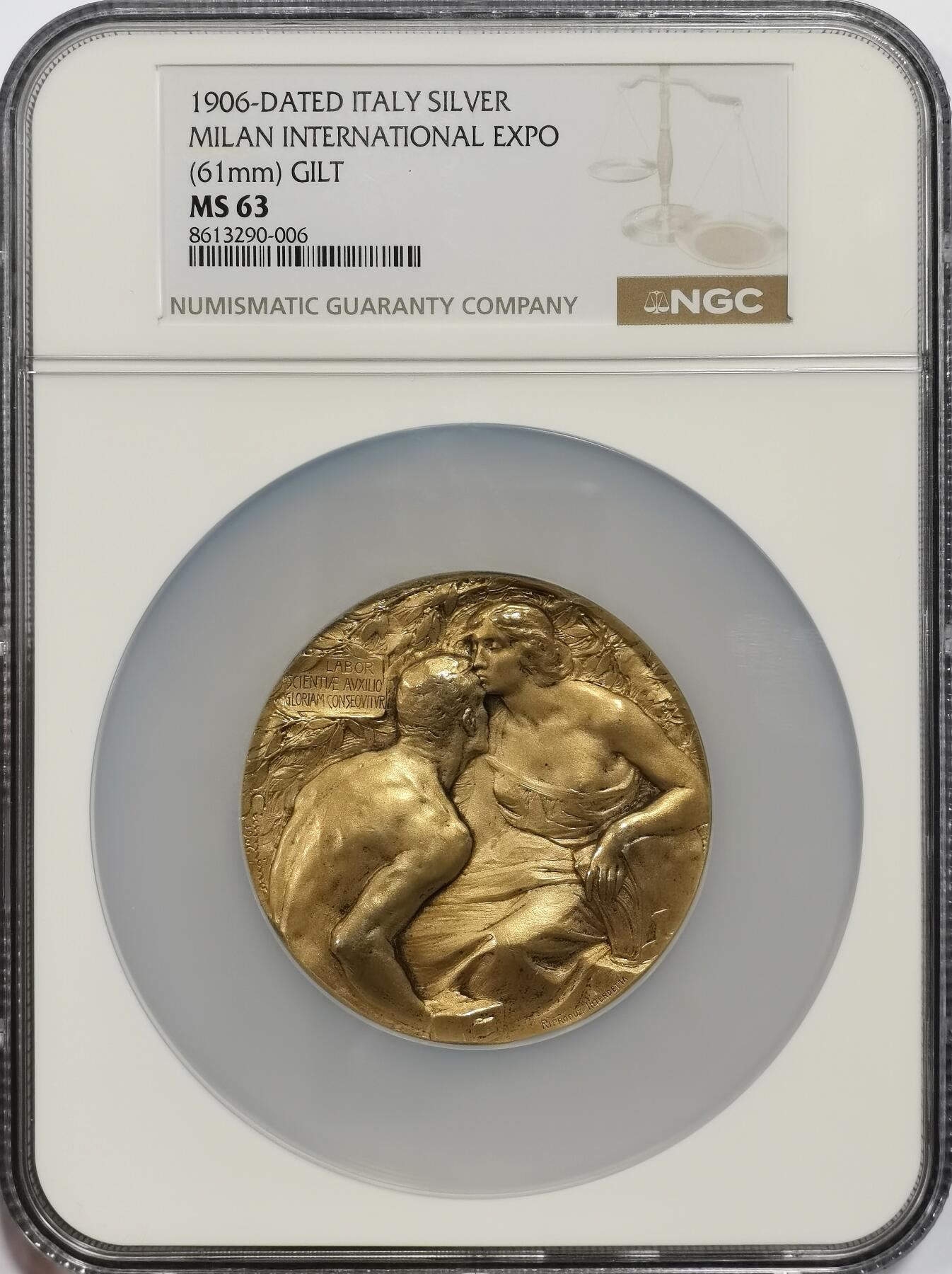 博洋堂世界钱币拍卖第157期（全场包邮） NGC MS63 意大利1906年米兰世博会镀金银章，一吻定情，直径61mm