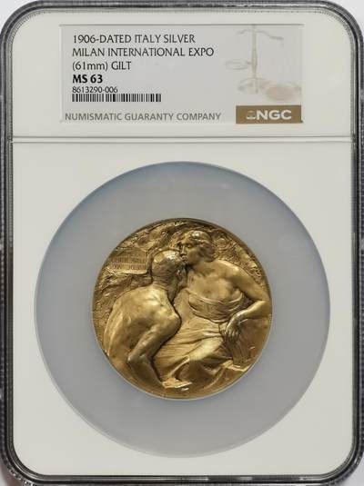 博洋堂世界钱币拍卖第157期（全场包邮） - NGC MS63 意大利1906年米兰世博会镀金银章，一吻定情，直径61mm