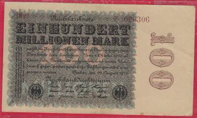 德国1923年100000000(1亿)马克 P-107c D型水印(小型十字花科花卉) 背不嵌纤维条 六位号 无47 补号钞 实物图 八五品 - 德国1923年100000000(1亿)马克 P-107c D型水印(小型十字花科花卉) 背不嵌纤维条 六位号 无47 补号钞 实物图 八五品