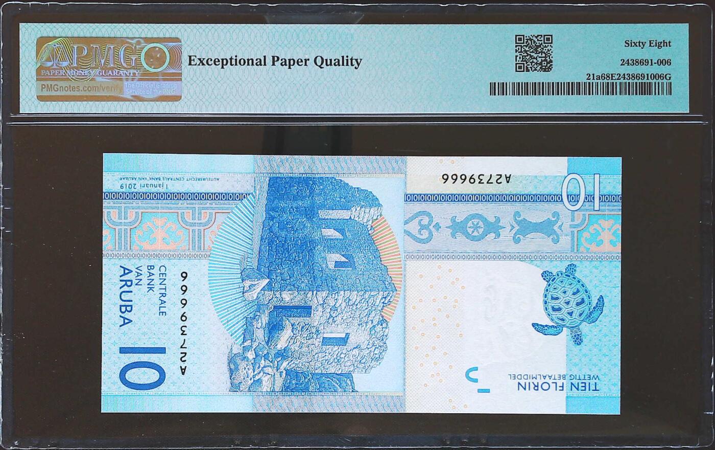 世界靓号纸钞第八十一期 2019年阿鲁巴10弗洛林 首发A冠 全程无4 豹子号666 PMG68 超高分 