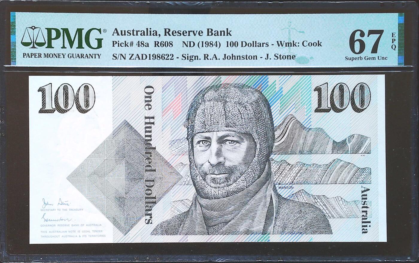 世界靓号纸钞第八十一期 1984年澳大利亚100元 稀少首发年份 pick48a 全程无3457 PMG67 冠军分 经典毛线帽 雕刻非常精细  