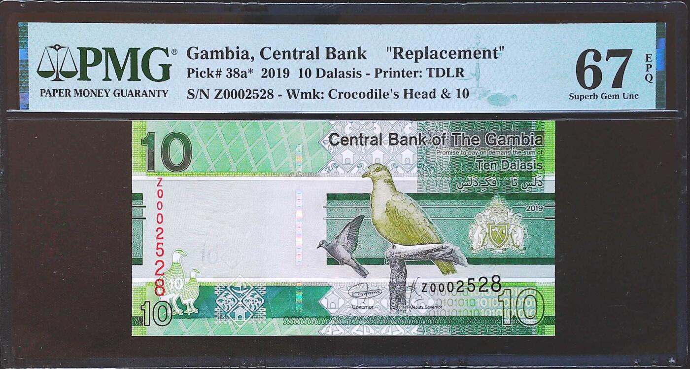 世界靓号纸钞第八十一期 2019年冈比亚10达拉斯 稀少补号 千位号 2528号 PMG67