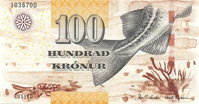 小福收藏拍卖第199期 裸钞场 本期有多张豹子号靓号 瑞士1000法郎 经典提香 毛里求斯首发年大全套 白俄罗斯5000000卢布 苏里南10000盾  爱沙尼亚  苏丹 西班牙 保加利亚 古巴等多国精美纸币 - 法罗群岛 2011年 100克朗 unc