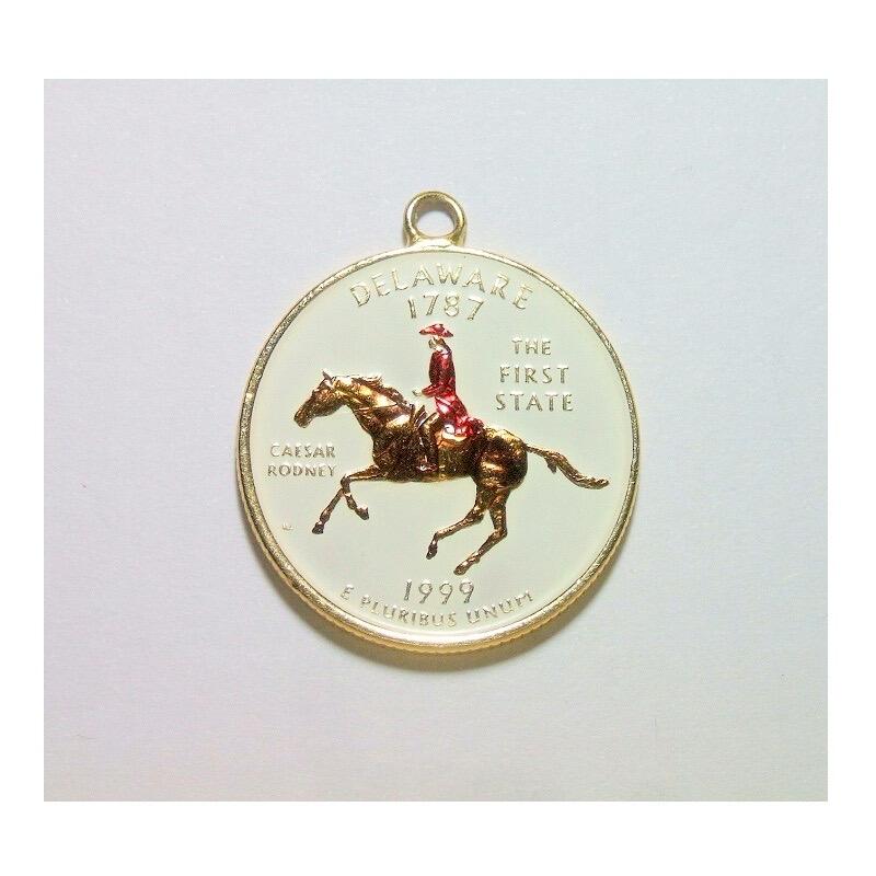 纯手工 美国1999年特拉华州 华盛顿琅彩镀金高浮雕精制币章吊坠 25MM
