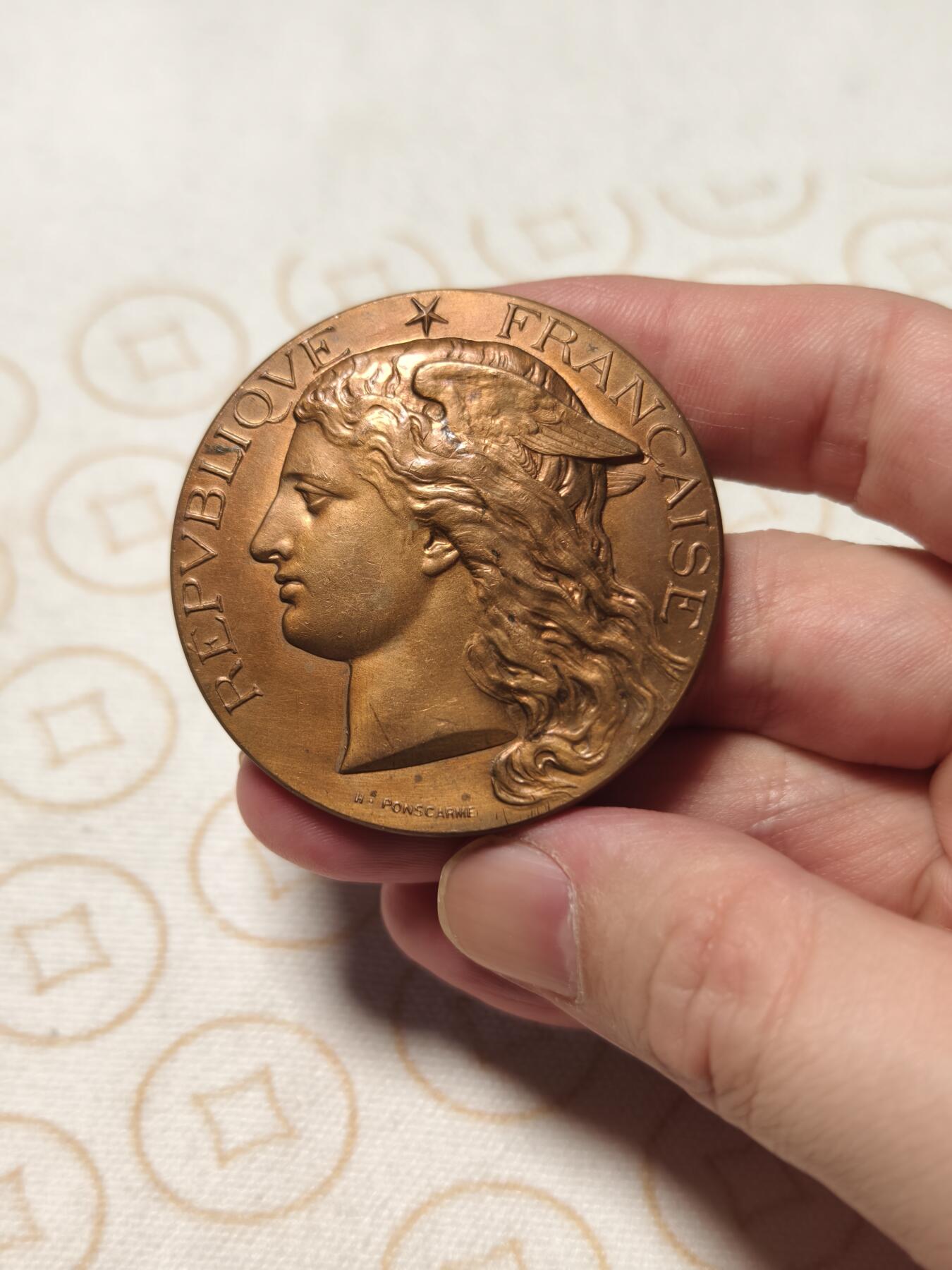 抚柳草堂-第八期章牌钱币 奖章勋章限时免佣 满百包邮 放漏专场 1887法国巴黎墨丘利大铜章 边铭丰饶角 直径52mm 重56.7g品相不错