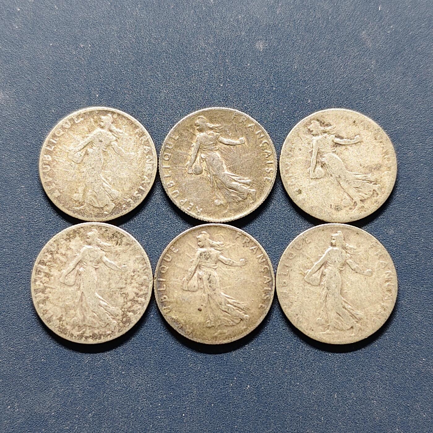 【全场包邮】纯粹捡漏拍494场 法国1898-1917年年播种女神50分银币6枚一组【18.1毫米2.5克，纯银价约250元（按20元银价折算）】