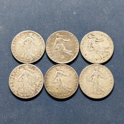 【全场包邮】纯粹捡漏拍494场 - 法国1898-1917年年播种女神50分银币6枚一组【18.1毫米2.5克，纯银价约250元（按20元银价折算）】
