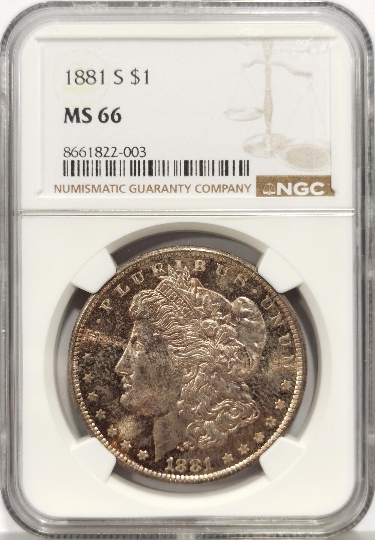 博洋堂世界钱币拍卖第157期（全场包邮） NGC MS66 美国1881 S 摩根 双面五彩包浆