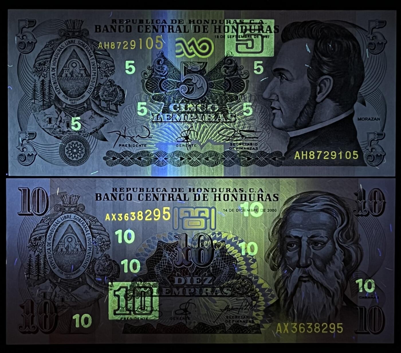 小福收藏拍卖第199期 裸钞场 本期有多张豹子号靓号 瑞士1000法郎 经典提香 毛里求斯首发年大全套 白俄罗斯5000000卢布 苏里南10000盾  爱沙尼亚  苏丹 西班牙 保加利亚 古巴等多国精美纸币 洪都拉斯 1997年 5伦皮拉 P-81b +2000年 10伦皮拉 无47 国内独家 1组2张 unc