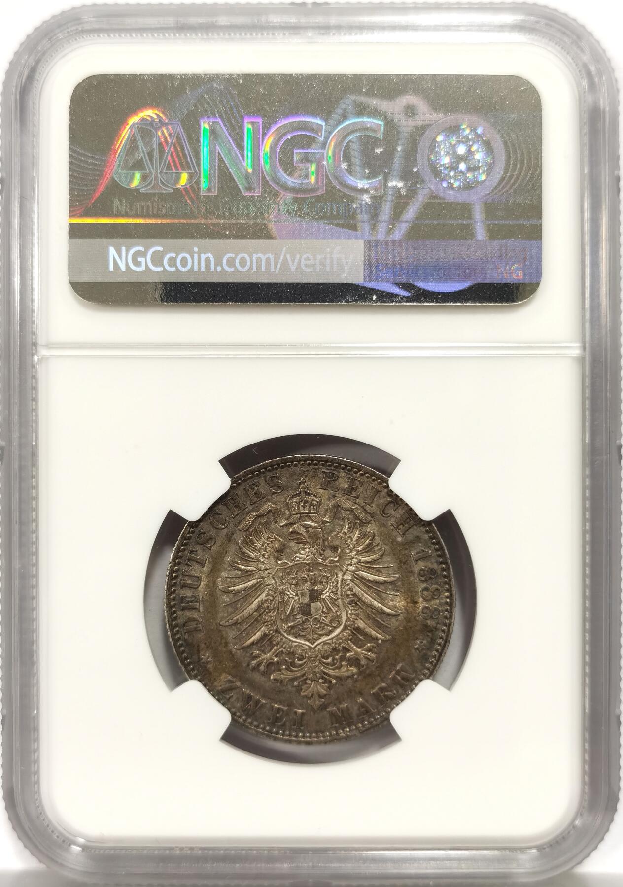 博洋堂世界钱币拍卖第157期（全场包邮） NGC MS62 德国普鲁士1888年弗里德里希三世短翅鹰2马克，经典的咖啡色包浆，底板丝滑，明显低评了。