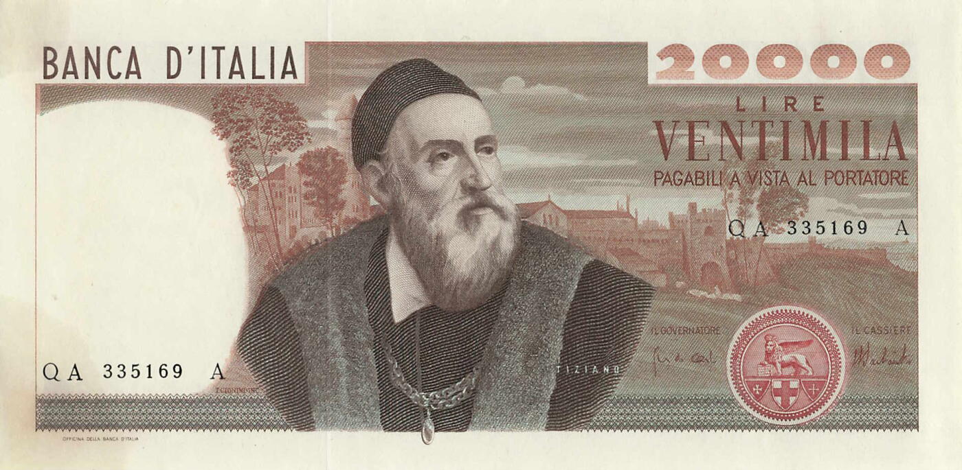 小福收藏拍卖第199期 裸钞场 本期有多张豹子号靓号 瑞士1000法郎 经典提香 毛里求斯首发年大全套 白俄罗斯5000000卢布 苏里南10000盾  爱沙尼亚  苏丹 西班牙 保加利亚 古巴等多国精美纸币 意大利 1975年 20000里拉 经典提香 无47 角有油痕 unc-