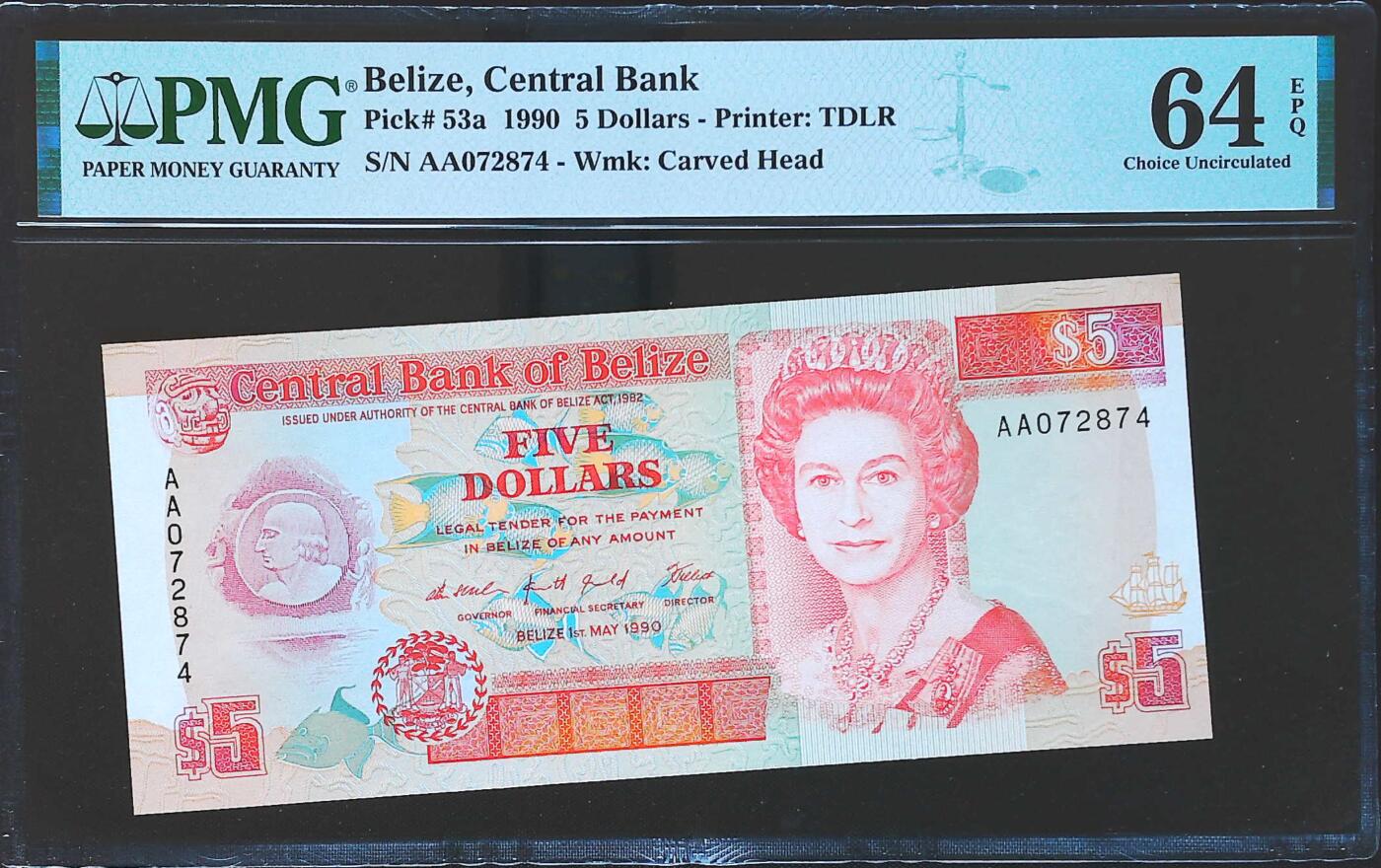 世界靓号纸钞第八十一期 1990年伯利兹5元 首发AA冠 初版 PMG64