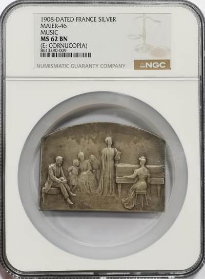 博洋堂世界钱币拍卖第157期（全场包邮） - NGC MS62 SAMF作品46号，银章，标题：音乐，费南德·大卫作品，规格：57×75毫米，年份：1908年，铸量：铜章99枚，银章52枚，法定缴存4枚，作者留存2枚，大卫在这枚章牌的正面刻画了他曾在1902年沙龙上展出的名为“小提琴手（又名“音乐”）”的雕像。该雕塑是这位艺术家的第一件重要作品，吸引了大量关注，并由法国国家收购。