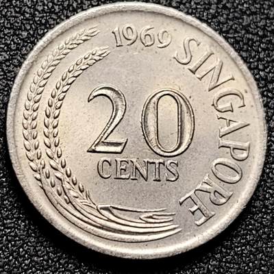 泉币菌-第169场- 精品福利场 - 高币值 1969年 新加坡20分 海洋动物-剑鱼 24mm  