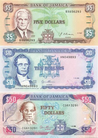 小福收藏拍卖第199期 裸钞场 本期有多张豹子号靓号 瑞士1000法郎 经典提香 毛里求斯首发年大全套 白俄罗斯5000000卢布 苏里南10000盾  爱沙尼亚  苏丹 西班牙 保加利亚 古巴等多国精美纸币 - 牙买加 1985-1999年 5 10 50元 1组3张（2张无47）unc