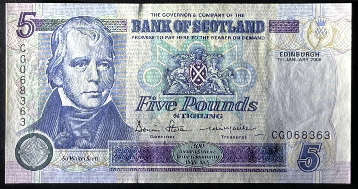 小福收藏拍卖第199期 裸钞场 本期有多张豹子号靓号 瑞士1000法郎 经典提香 毛里求斯首发年大全套 白俄罗斯5000000卢布 苏里南10000盾  爱沙尼亚  苏丹 西班牙 保加利亚 古巴等多国精美纸币 苏格兰 苏格兰银行 2006年 5镑 纪念钞 无47 紫外边缘微潮 unc