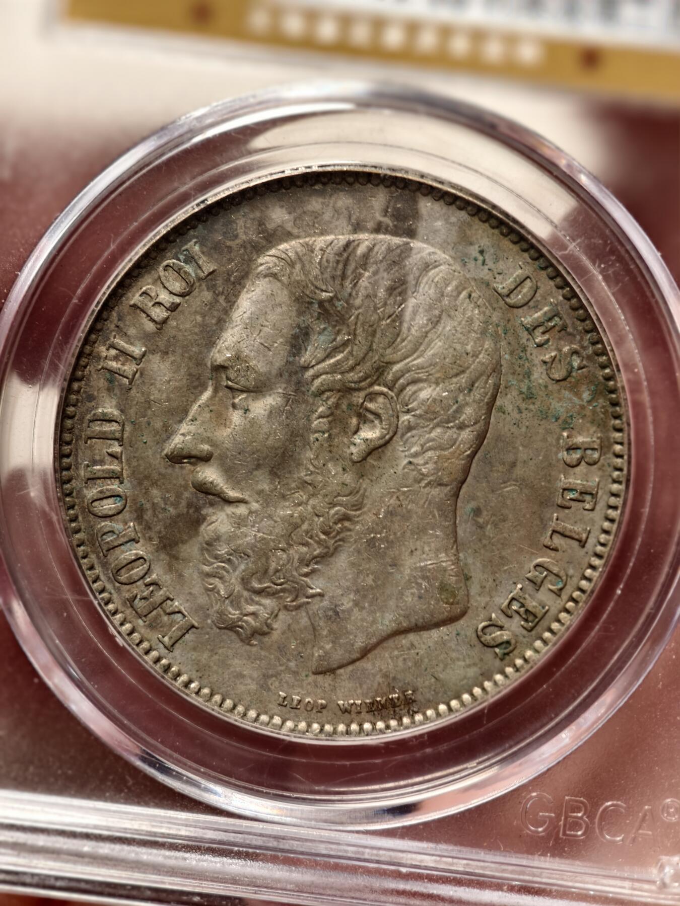 抚柳草堂-第八期章牌钱币 奖章勋章限时免佣 满百包邮 放漏专场 1876比利时王国利奥波德二世5FRANCS银币 公博au50味道很好