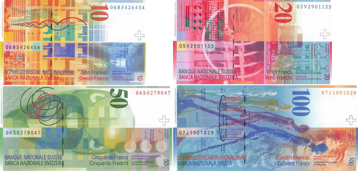 小福收藏拍卖第199期 裸钞场 本期有多张豹子号靓号 瑞士1000法郎 经典提香 毛里求斯首发年大全套 白俄罗斯5000000卢布 苏里南10000盾  爱沙尼亚  苏丹 西班牙 保加利亚 古巴等多国精美纸币 瑞士 1994-2014年 10 20 50 100瑞士法郎（1张无47 1张无47双尾） 1组4张 unc