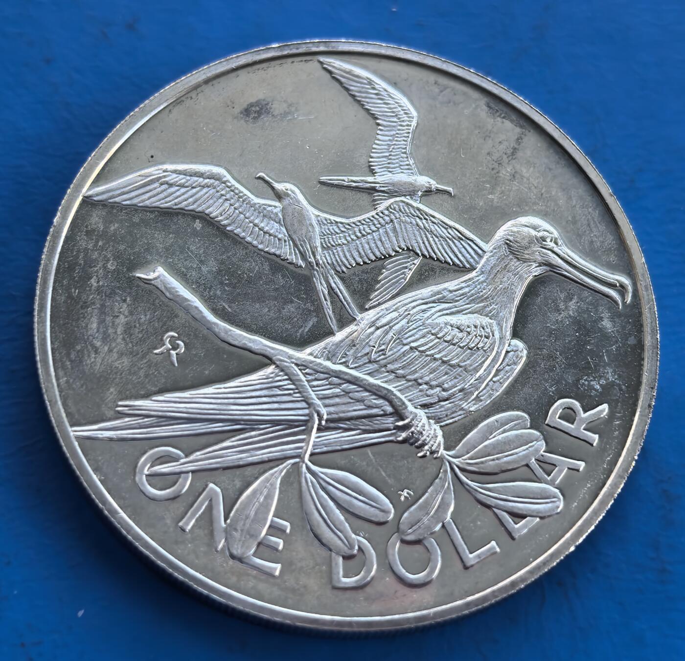 外国优质银币南亚香港苏联等专场，周六九点倒数截拍，满百包邮，持续收拍 英属1976 年维尔京群岛 1 元银币，正面是伊丽莎白二世年轻侧面像，发丝与皇冠细节精致；背面刻画海鸟群飞场景，层次丰富，展现海岛生态特色，兼具英联邦历史与自然纪念价值。