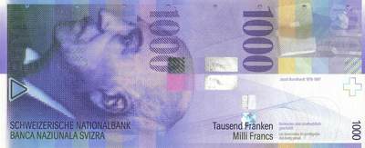 小福收藏拍卖第199期 裸钞场 本期有多张豹子号靓号 瑞士1000法郎 经典提香 毛里求斯首发年大全套 白俄罗斯5000000卢布 苏里南10000盾  爱沙尼亚  苏丹 西班牙 保加利亚 古巴等多国精美纸币 - 瑞士 1994-2014年 1000瑞士法郎 尾顺子 unc