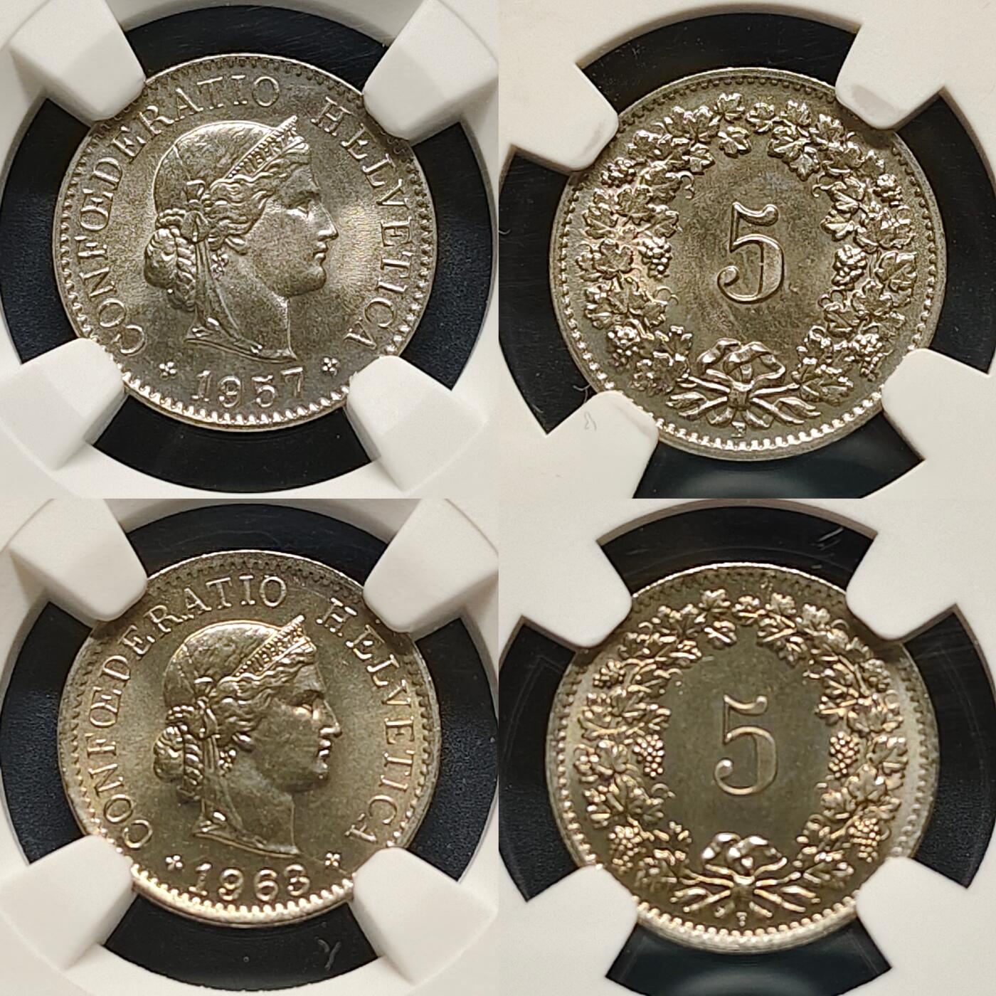 【全场包邮】纯粹捡漏拍495场-持续更新中 【收藏级】瑞士1957/1963年5分2枚-NGC MS65