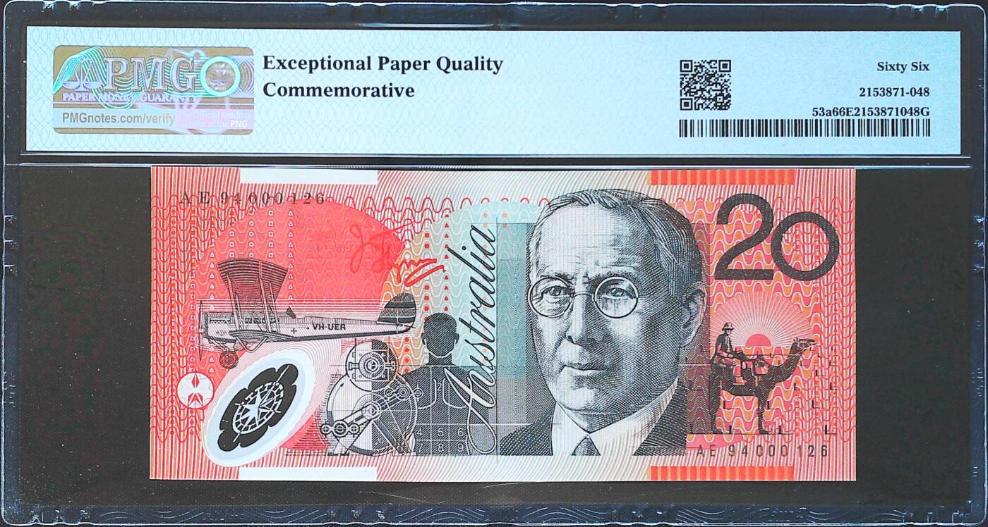世界靓号纸钞第八十一期 1994年澳大利亚20元 百位号126号 PMG66