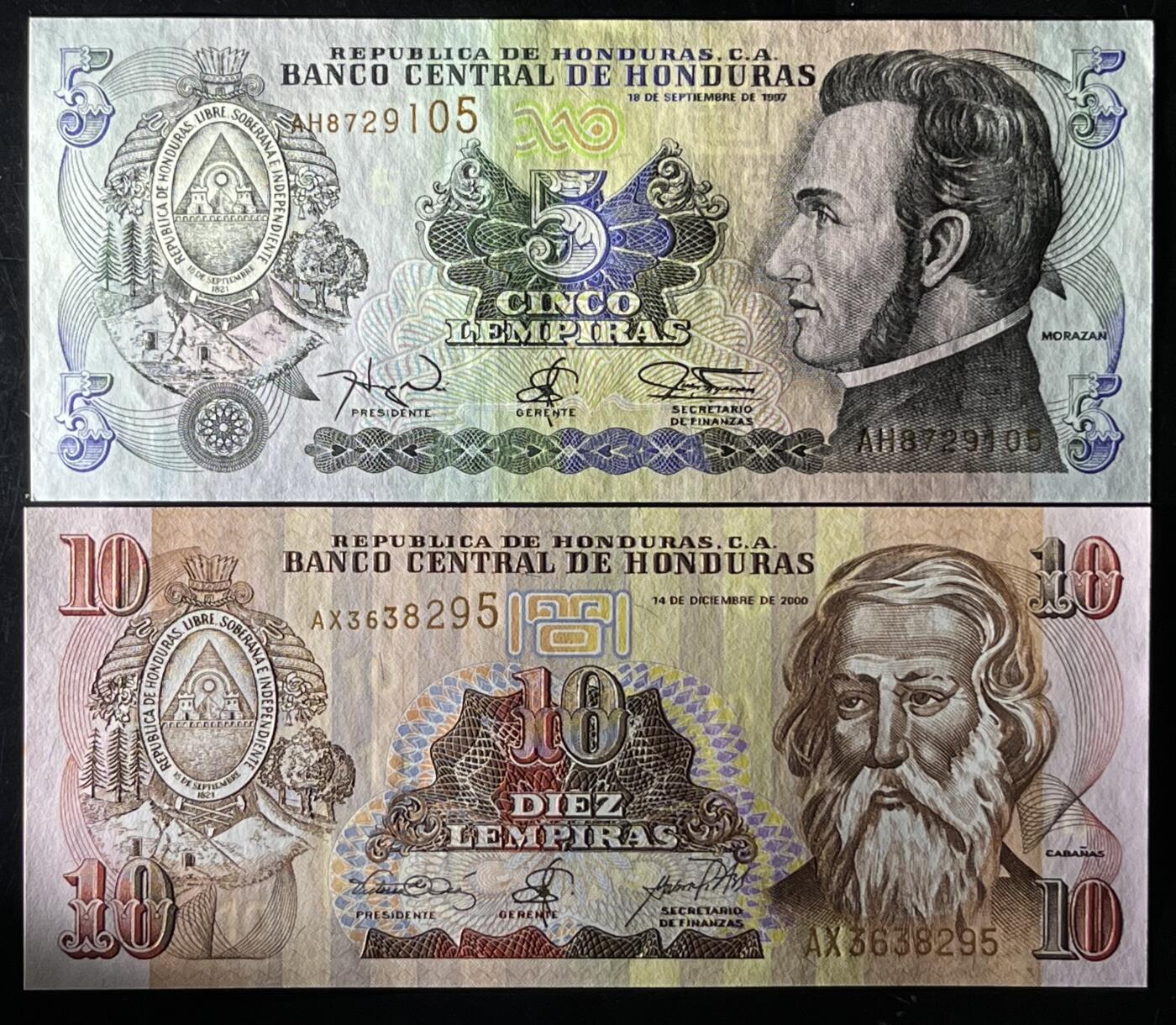 小福收藏拍卖第199期 裸钞场 本期有多张豹子号靓号 瑞士1000法郎 经典提香 毛里求斯首发年大全套 白俄罗斯5000000卢布 苏里南10000盾  爱沙尼亚  苏丹 西班牙 保加利亚 古巴等多国精美纸币 洪都拉斯 1997年 5伦皮拉 P-81b +2000年 10伦皮拉 无47 国内独家 1组2张 unc