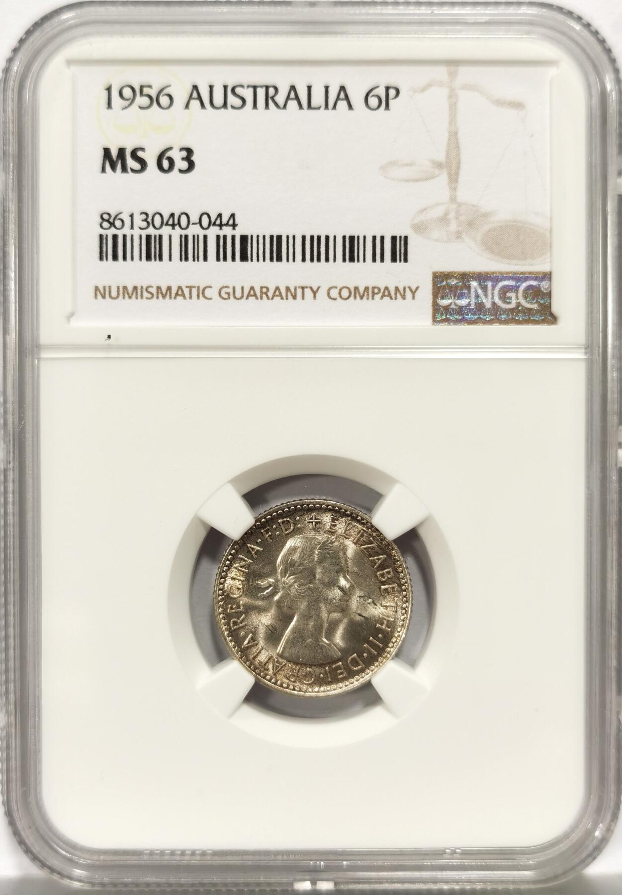 博洋堂世界钱币拍卖第157期（全场包邮） NGC MS63 英属澳大利亚1956年伊丽莎白二世6便士银币