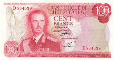 小福收藏拍卖第199期 裸钞场 本期有多张豹子号靓号 瑞士1000法郎 经典提香 毛里求斯首发年大全套 白俄罗斯5000000卢布 苏里南10000盾  爱沙尼亚  苏丹 西班牙 保加利亚 古巴等多国精美纸币 - 卢森堡 1970年 100法郎 该版最高值 unc