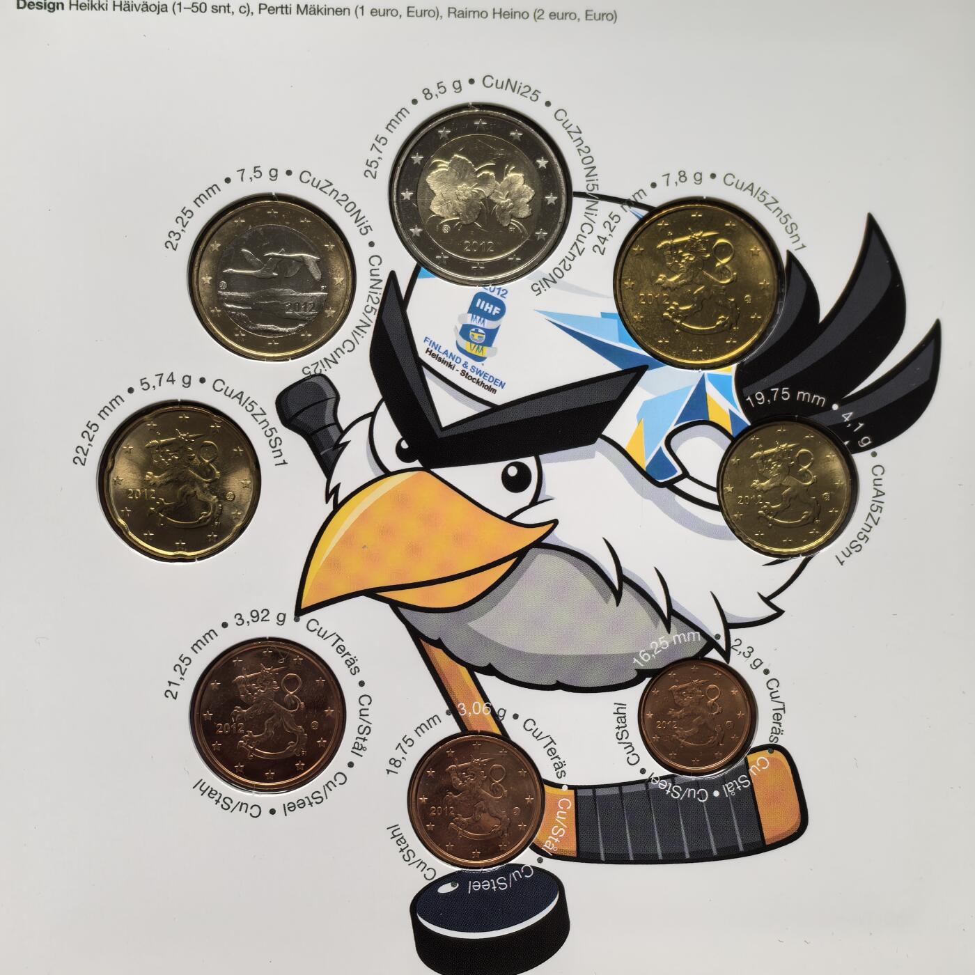 道一币馆币章第一百六十二场 原包装 芬兰2012年冰球锦标赛版欧元套币八枚