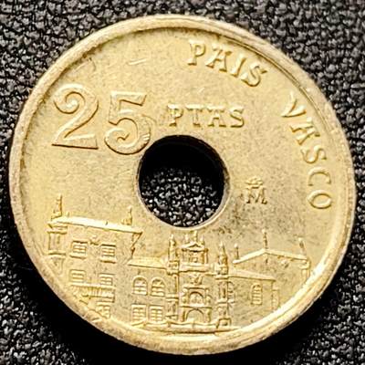 泉币菌-第170场- 精品福利场 - 1993年西班牙25比塞塔铜铝镍币 圆孔币 巴斯克纪念币 19.5毫米4.2g