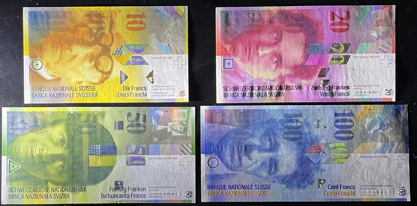 小福收藏拍卖第199期 裸钞场 本期有多张豹子号靓号 瑞士1000法郎 经典提香 毛里求斯首发年大全套 白俄罗斯5000000卢布 苏里南10000盾  爱沙尼亚  苏丹 西班牙 保加利亚 古巴等多国精美纸币 瑞士 1994-2014年 10 20 50 100瑞士法郎（1张无47 1张无47双尾） 1组4张 unc