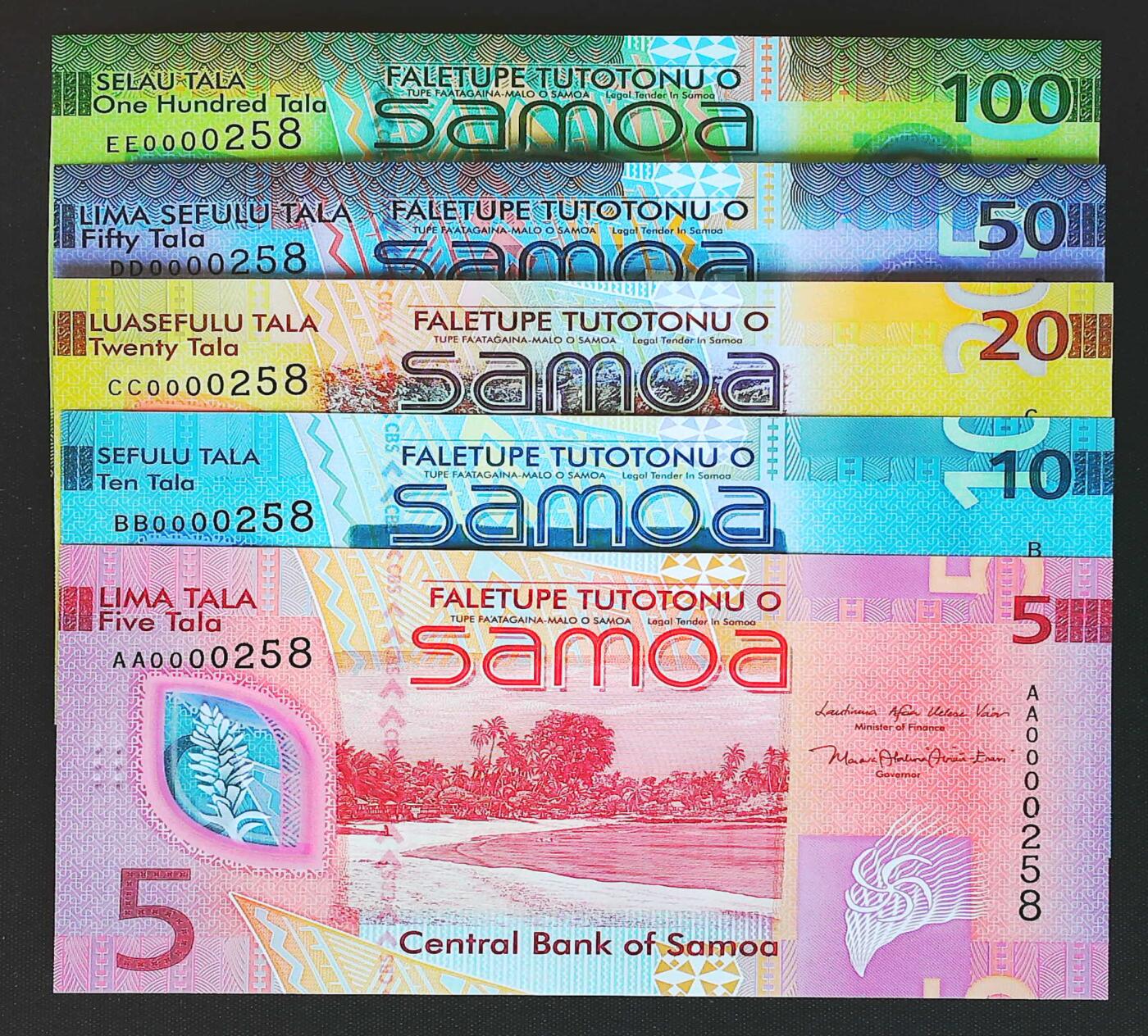世界靓号纸钞第八十一期 2024-25年萨摩亚5-10-20-50-100塔拉 稀少全同号 百位号 无347尾8 258号 全新UNC 